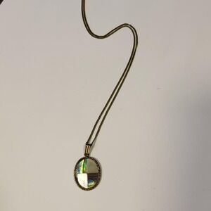 Oval Pendant Vintage Necklace Mother of Pearl Geometric Design Brass Chain